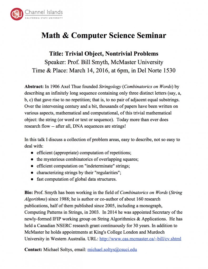 Bill Smyth Seminar Announcement March 2016