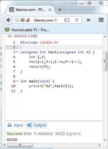 PHOTO 2: At Ideone.com, you can enter, compile, and simulate numerous programming languages. Here you see C language.
